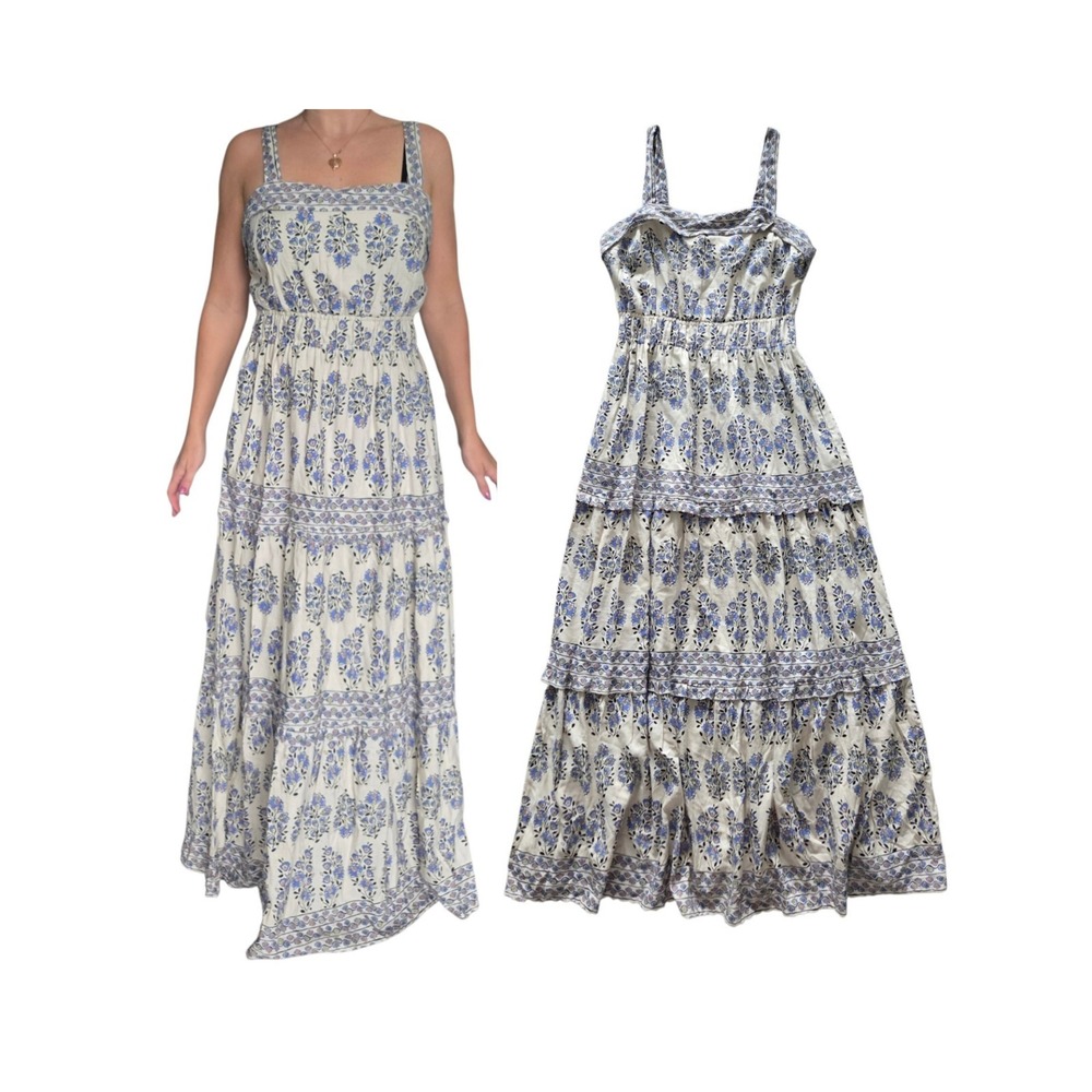 Sincerely Jules Blue Floral Tiered Maxi Dress L Boho Cotton Linen Cottagecore
